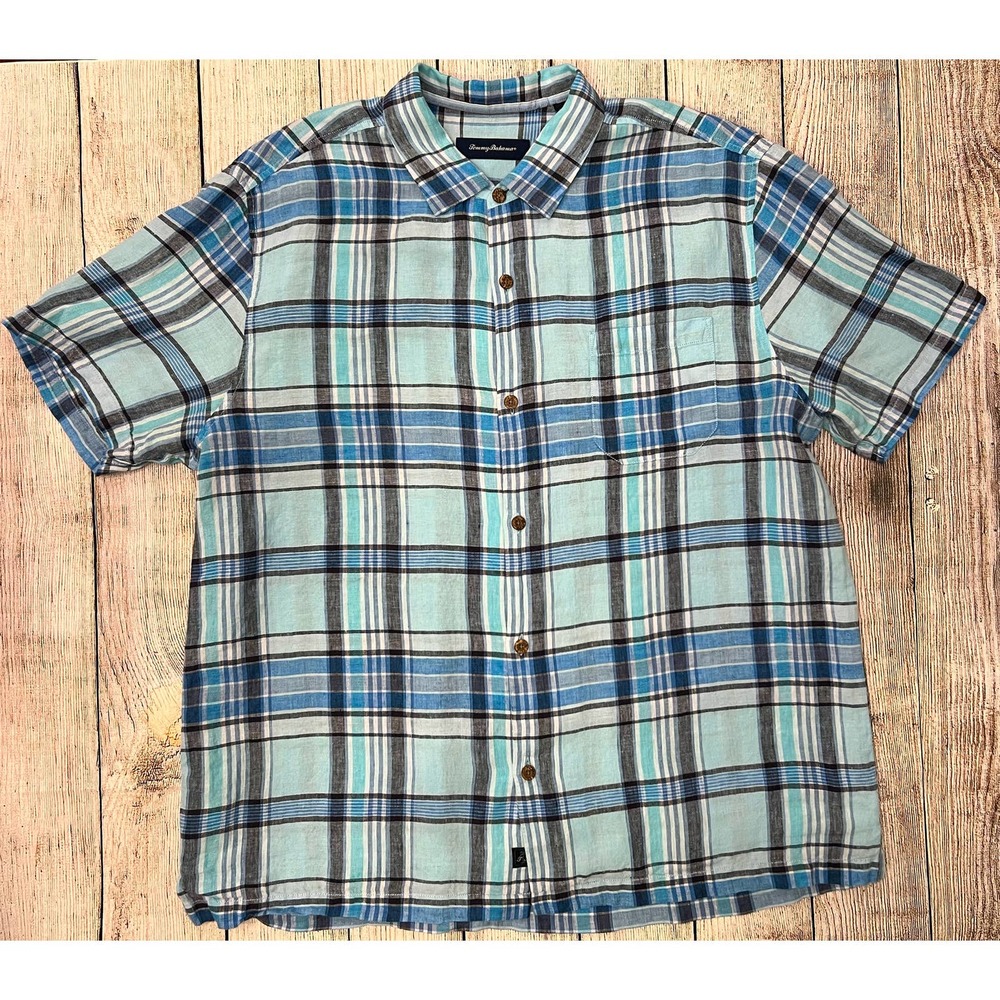 Tommy Bahama Blue Plaid Linen Shirt Size XXL
